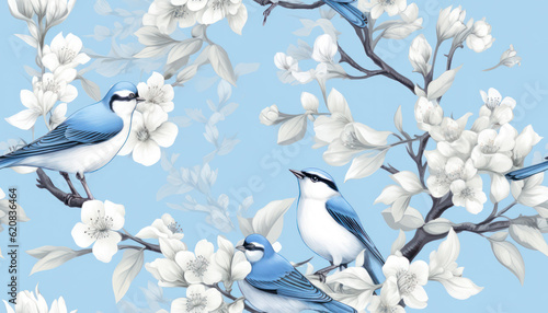 Seamless pattern of beautiful birds and vintage flowers floral leaves illustration background. Generative AI