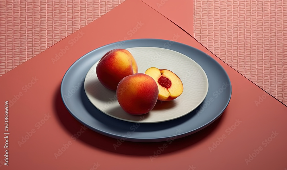  a plate with two peaches on it on a pink surface.  generative ai