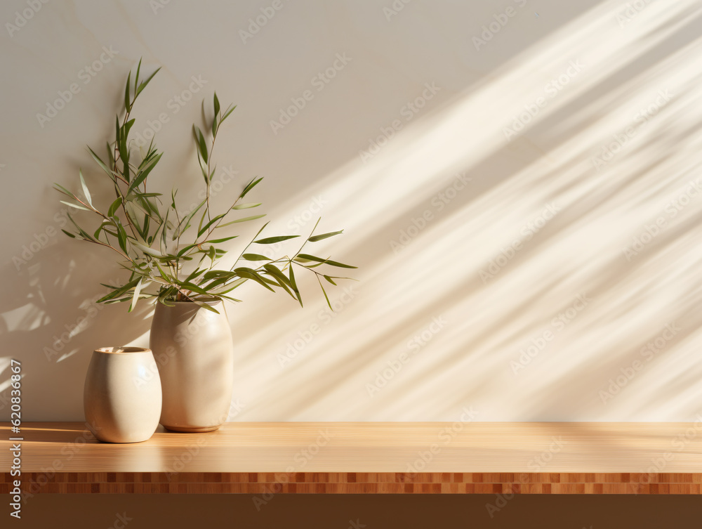 Softly light Lit Blank Wooden Counter Table, with Leaf Shadows Dancing on a Beige Textured Wallpaper Wall Luxurious Beauty Haven generative ai Softly light Lit Blank Wooden Counter Table, with Leaf Shadows Dancing on a Beige Textured Wallpaper Wall Luxurious Beauty Haven generative ai