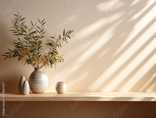 Softly light Lit Blank Wooden Counter Table, with Leaf Shadows Dancing on a Beige Textured Wallpaper Wall Luxurious Beauty Haven generative ai