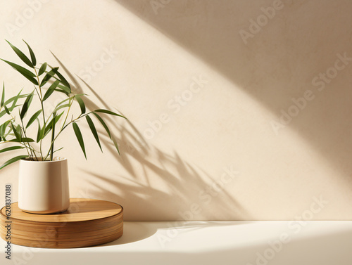 Softly light Lit Blank Wooden Counter Table, with Leaf Shadows Dancing on a Beige Textured Wallpaper Wall Luxurious Beauty Haven generative ai