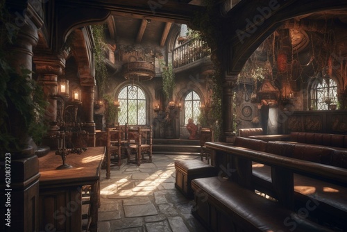 Medieval fantasy castle tavern interior. Generative AI
