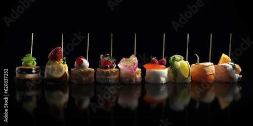 Set of canapes on the dark, black background. Restaurant design and quality. Generative AI