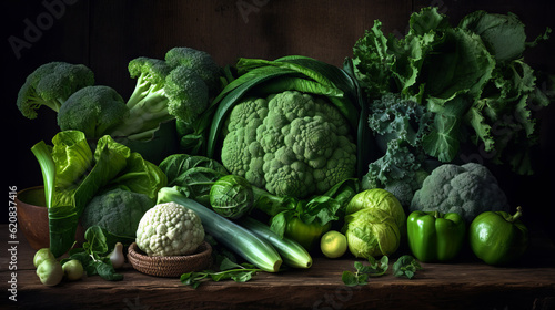 display of fresh green vegetables on a wooden table