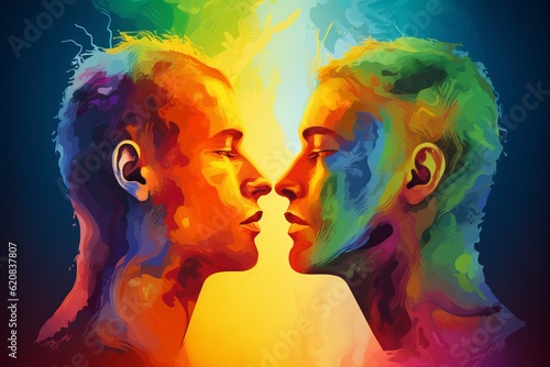 two man kissing, Vibrant Celebration of Love, Colorful Silhouette of Two Men Kissing with Pride Rainbow in the Background