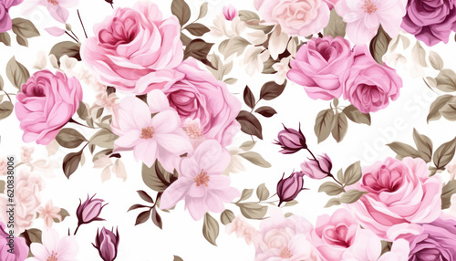 Seamless pattern of beautiful vintage roses flowers and leaves illustration background. Generative AI