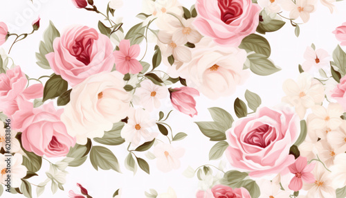 Seamless pattern of beautiful vintage roses flowers and leaves illustration background. Generative AI