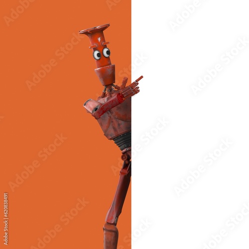 Robot Cartoon funny 3D video render - point the finger, isolate on orange