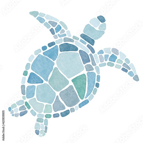 watercolor drawing of a turtle in blue tones on a white background