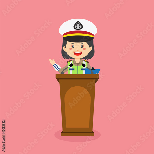 Indonesian Traffic Police Woman Character Speak On The Podium photo