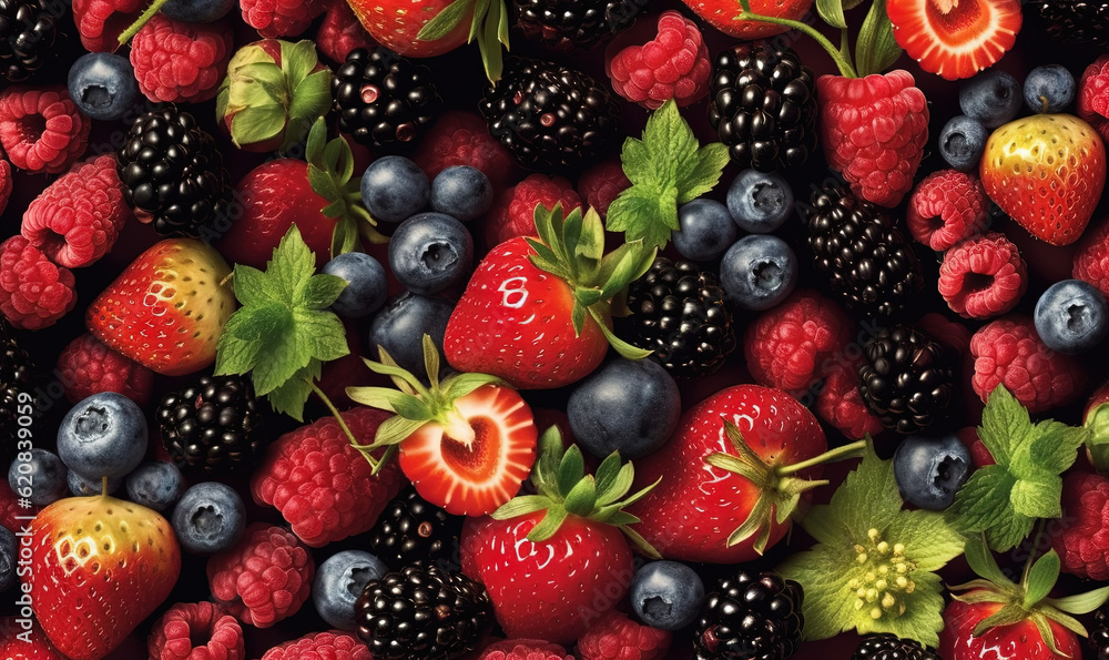 Obraz premium a bunch of berries and raspberries with leaves on them. generative ai