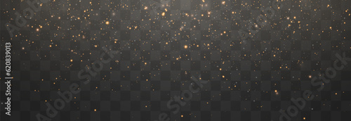 Magical light dust, dusty shine. Flying particles of light. Christmas light effect. Sparkling particles of fairy dust glow in transparent background. Vector illustration on png.