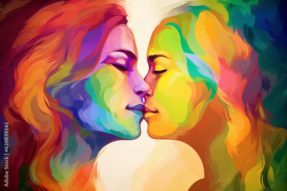 portrait of two woman kissing LGBTQ, Vibrant Celebration of Love: Colorful Silhouette of Two Women Kissing with Pride Rainbow in the Background