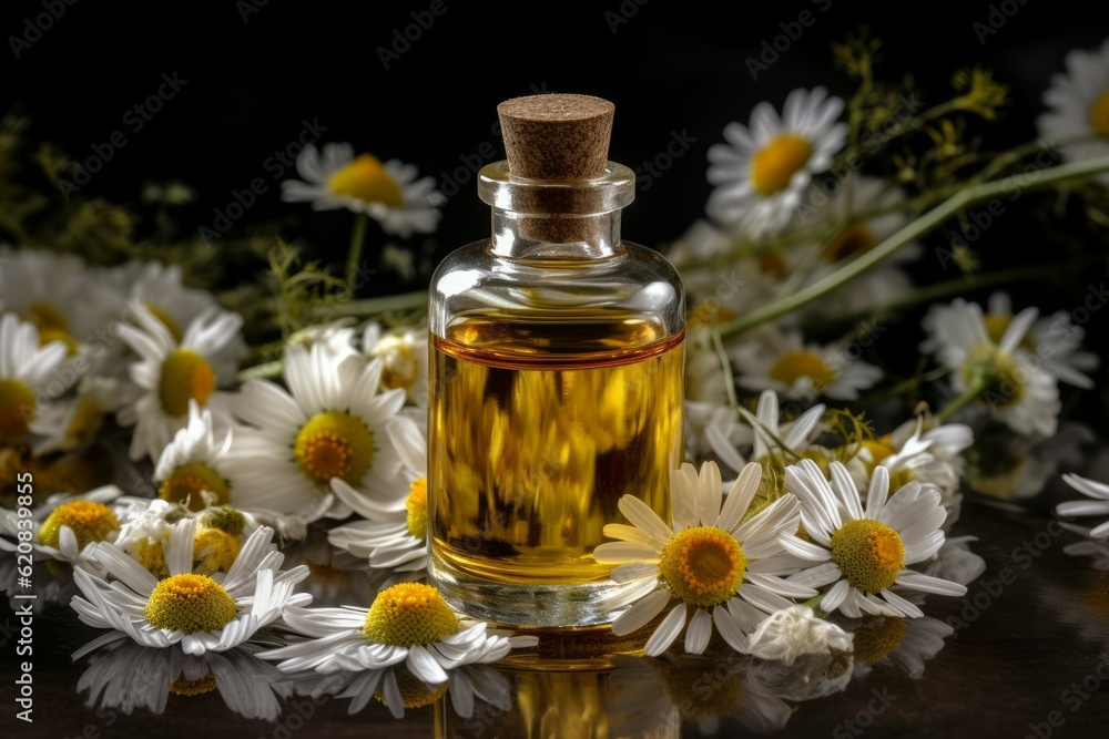 Oil bottle chamomile perfume. Generate Ai Oil bottle chamomile perfume. Generate Ai