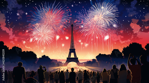 Feux d'artifice de la fête nationale française du 14 juillet à Paris devant la tour Eiffel © HKTR-atelier