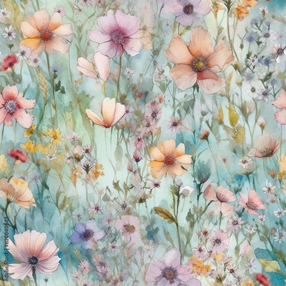 Field of blooming flowers, pastel watercolour style. Watercolor drawing wild plants, field flowers, hand drawn illustration style, floral background. Seamless design. Generative AI
