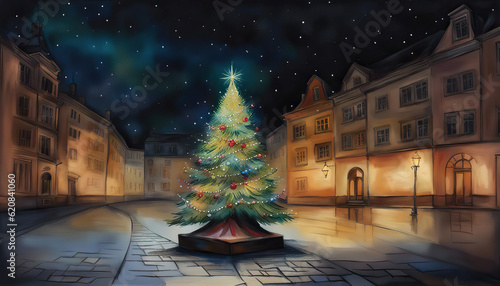 Beautiful lit up christmas tree in a small village with copy space  © cobaltstock