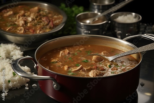 Pot of gumbo. Authentic New Orleans Gumbo is made with a dark roux, chicken, vegetables, sausage, and shrimp, and served over rice. Generative AI