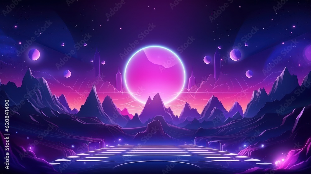 Obraz premium Retro futuristic 1980s Style background, Retro Wave Music Festival. Generative Ai