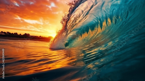 Colorful vibrant Sunset Sea water ocean wave in barrel shape for surfing 