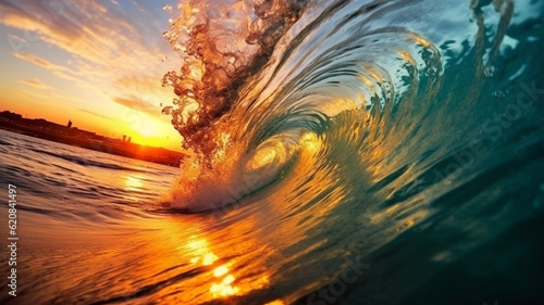 Colorful vibrant Sunset Sea water ocean wave in barrel shape for surfing  © AhmadSoleh