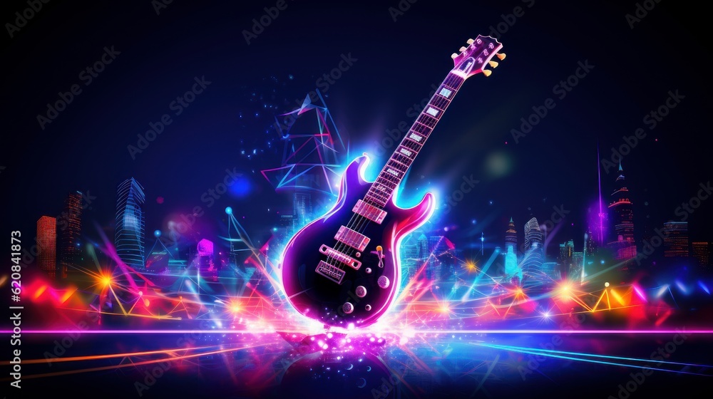 Obraz premium Guitar Neon Light Effect For Music Festival Background, Musical instruments. Generative Ai