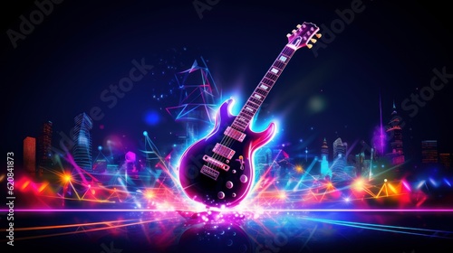 Guitar Neon Light Effect For Music Festival Background, Musical instruments. Generative Ai