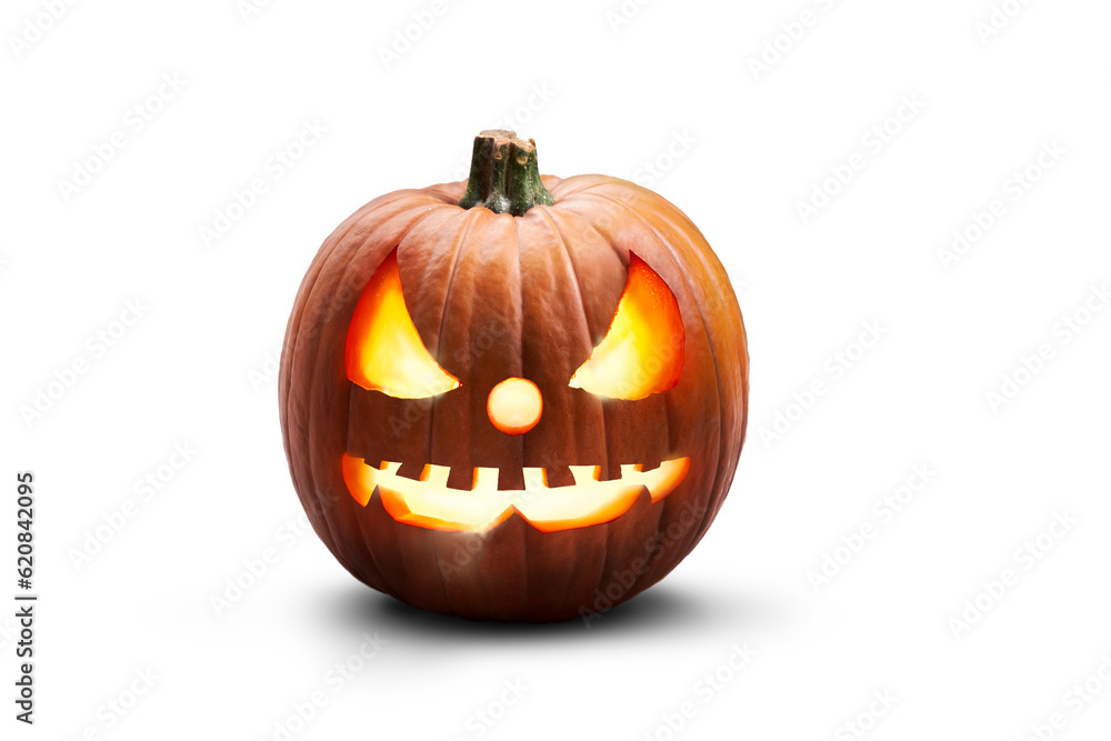 A single lit spooky halloween pumpkins, Jack O Lantern with evil face and eyes isolated against a transparent background. A single lit spooky halloween pumpkins, Jack O Lantern with evil face and eyes isolated against a transparent background.