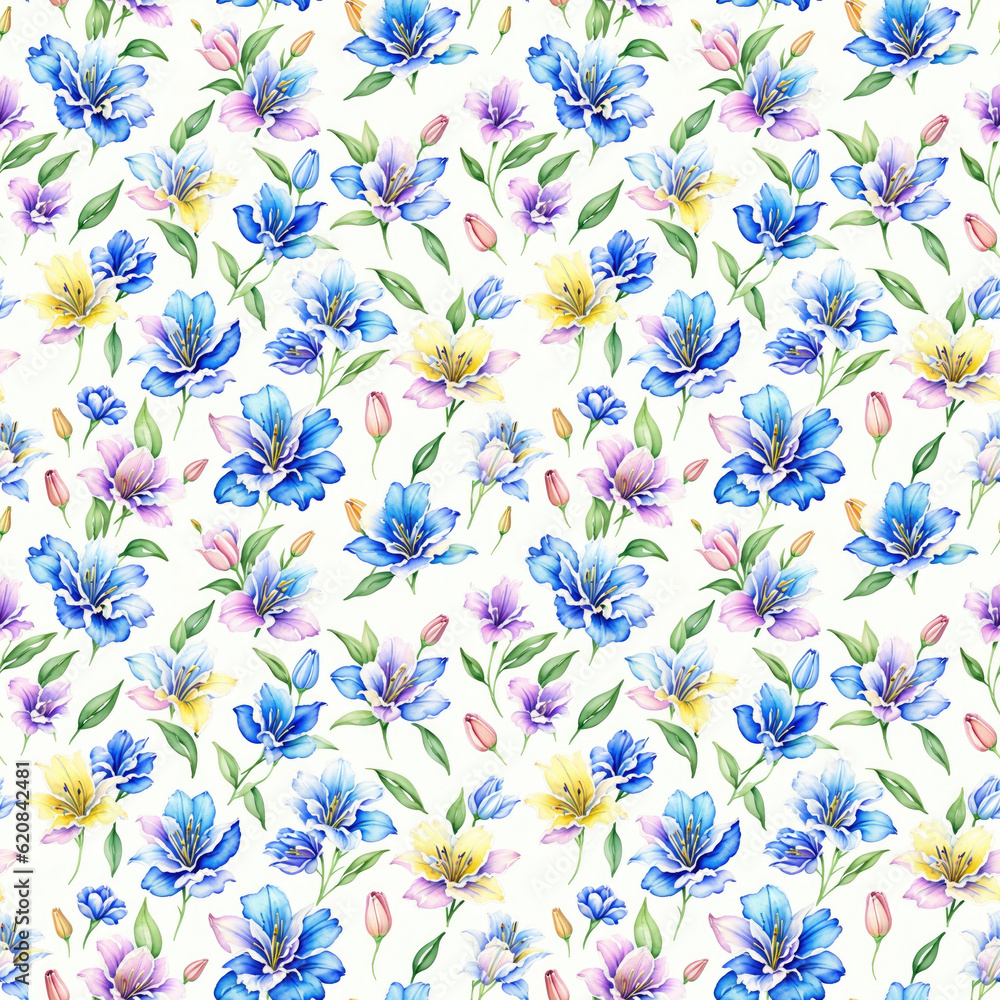 seamless pattern with flowers. blue lilies on a beige background. Generative AI seamless pattern with flowers. blue lilies on a beige background. Generative AI