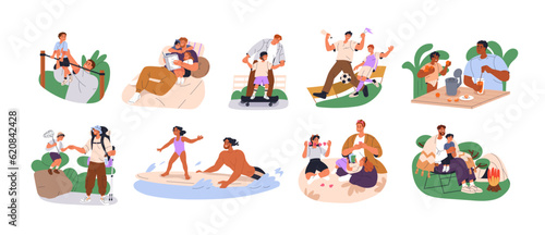 Fathers and children set. Happy dad spending time with kids. Daddy together with son, daughter at leisure, holiday. Fatherhood concept. Flat graphic vector illustrations isolated on white background