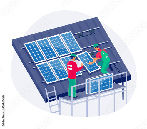 Solar panels installation on family house roof with scaffolding. Construction technician workers connecting the home renewable power energy system. Clean electricity. Isolated vector illustration. (ID: 620842469)