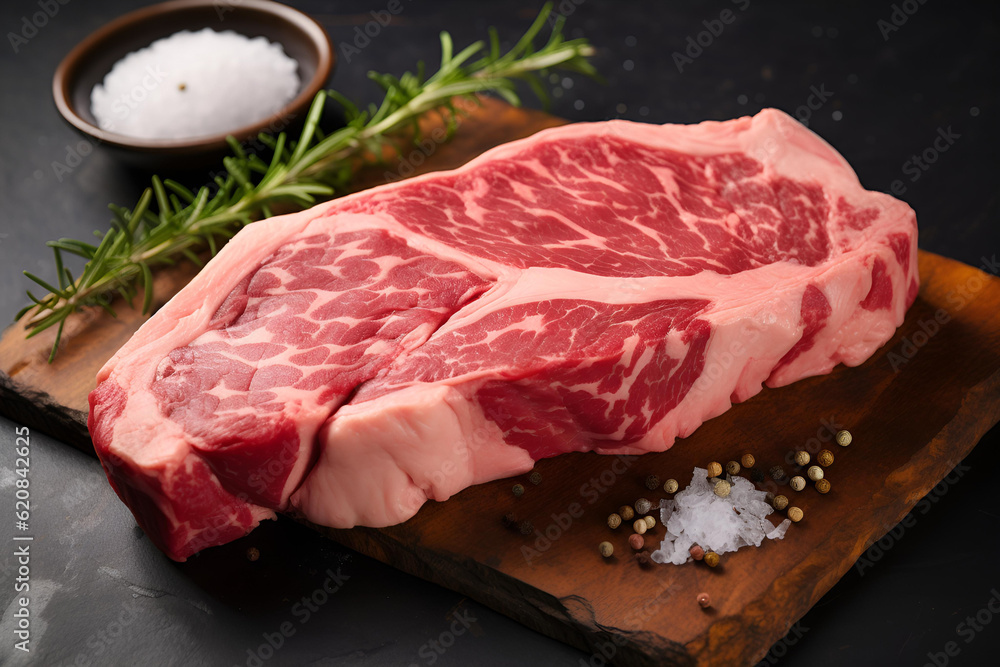Raw rib eye beef steak with salt and herbs on a wooden board, AI Generative.