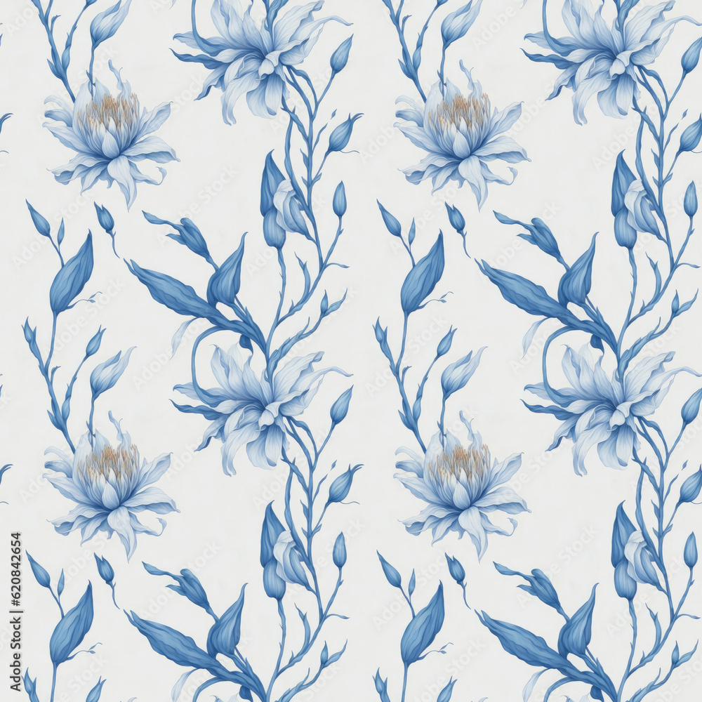 Fototapeta premium seamless pattern with flowers. Abstract blue lilies on a gray background. Generative AI