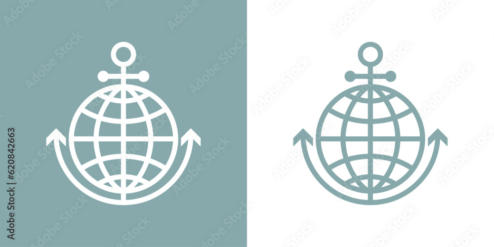 Logo Nautical. Agencia de viajes. Ancla de barco lineal con globo terráqueo Logo Nautical. Agencia de viajes. Ancla de barco lineal con globo terráqueo