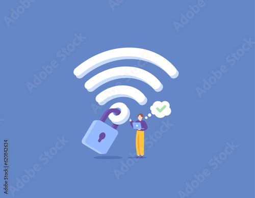 Security or safety of internet connection on wireless network, network protection for internet access. Wifi Encryption. WiFi password, laptop user connects to a WiFi network that contains a password