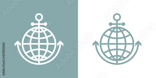 Logo Nautical. Agencia de viajes. Ancla de barco lineal con globo terráqueo