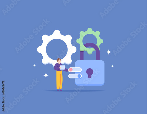 Security system configuration. Set a password. security and safety management. a user with gear and padlocks. protection of user privacy. illustration concept design. vector elements. blue background
