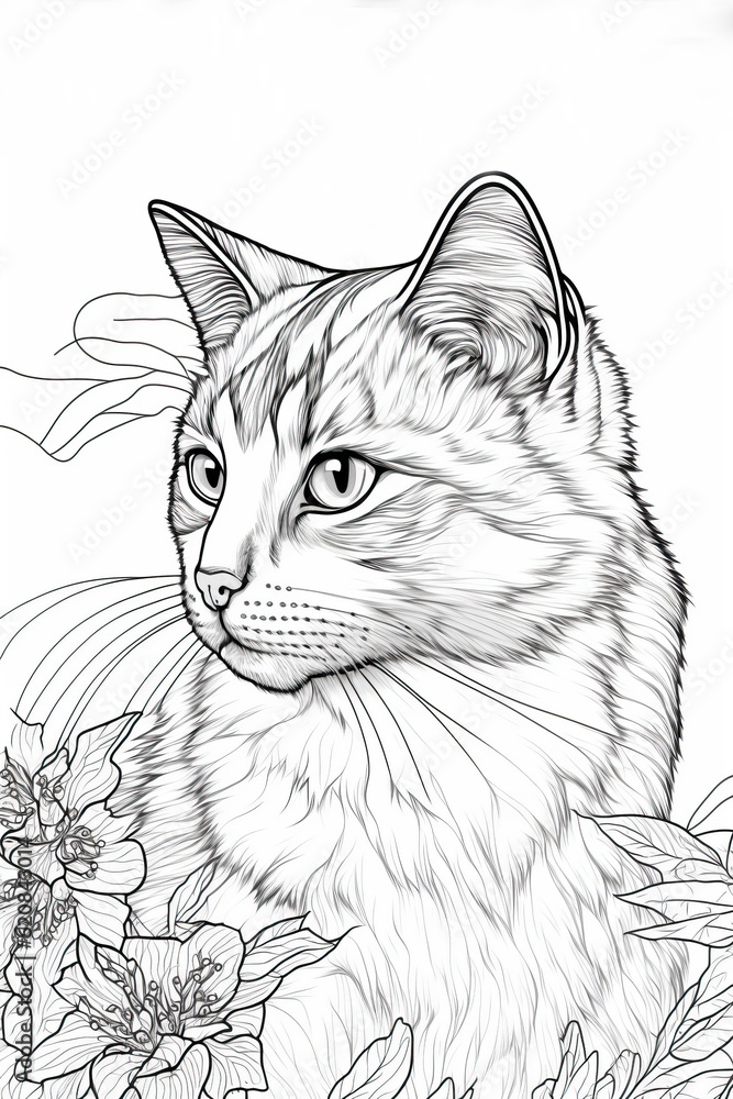 Cat and flowers coloring page. A cute and funny coloring page of a cat. For coloring fun for children. Easy, basic design. Suitable for little kids, toddlers, adults. Generative AI