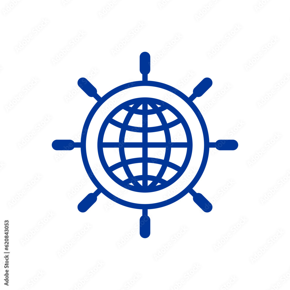 Logo Nautical. Agencia de viajes. Timón de barco lineal con con globo terráqueo Logo Nautical. Agencia de viajes. Timón de barco lineal con con globo terráqueo