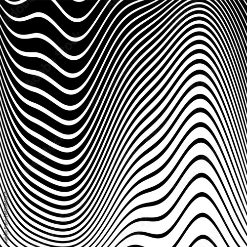 Wavy Lines Pattern with 3D Illusion and Motion Effect. Black and White Texture. © troyka
