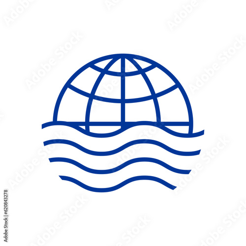 Logo Nautical. Agencia de viajes. Globo terráqueo lineal con olas de mar