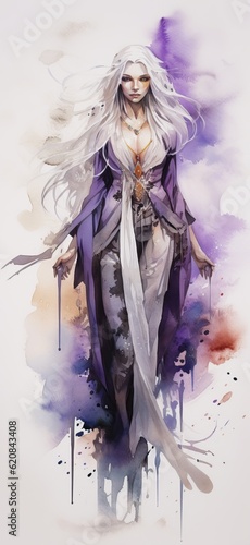 Illustration of beautiful woman with white blond hair purple eyes, purple outfit. Watercolour style. Magical look like in a fairy tale. Generative AI