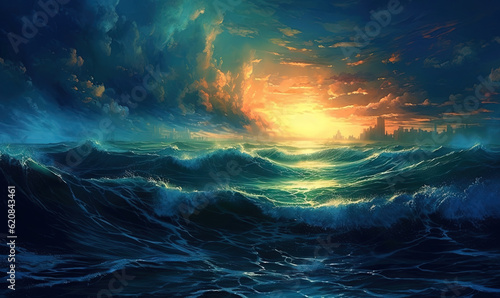  a painting of a sunset over a large body of water. generative ai