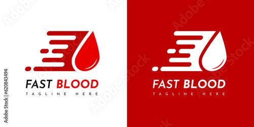 Fast Blood Logo. Quick test blood logo. With blood and move motion icon. On red, white, and black colors. Premium and luxury logo template design