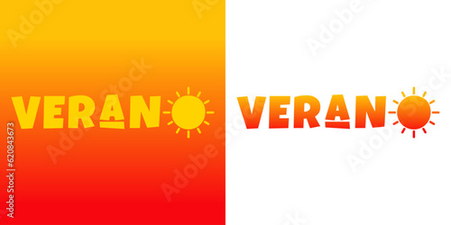 Logo vacaciones de verano. Letras de la palabra Verano en español con letras estilo hawaiano con silueta de sol en lugar de letra O