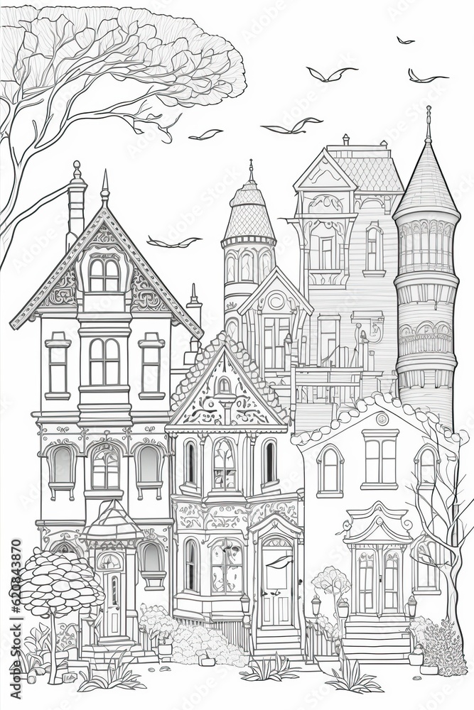 Simple panorama of european town landscape with old buildings. Coloring page. Black and white illustration in outline flat style