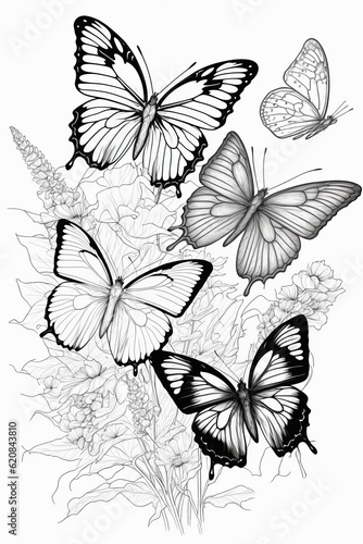 Coloring page with butterflies and flowers. Drawing butterflies and flowers. Fowering meadow  black and white coloring page 