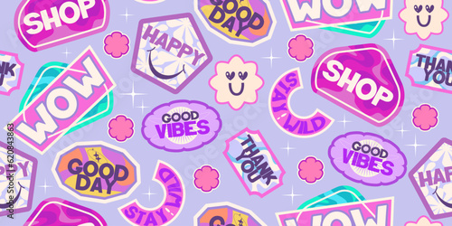 Y2k seamless sticker pattern rertro design. Sticker flower cool design. Trendy y2k positive pattern. Collage purple and pink label on background. Vector illustration photo