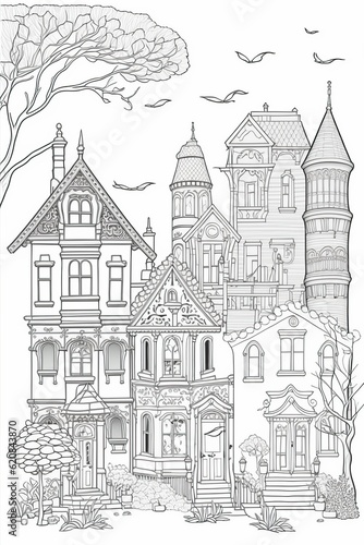 Simple panorama of european town landscape with old buildings. Coloring page. Black and white illustration in outline flat style