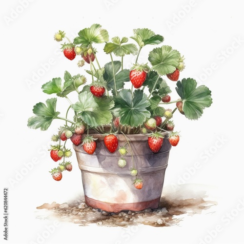 Flowering strawberry bush in pot. Illustration of garden strawberry isolated on white background. Berry plant in agriculture. Generative AI photo